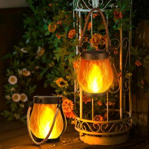 Solar Lanterns Outdoor Waterproof - 2 Pack Flame Porch Lanterns with USB Dual Mode,Solar Table Lights for Patio Fence Garden Decorative